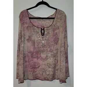 One World Vintage Y2K Long Sleeve Top 3X Floral Script Graphic USA Made